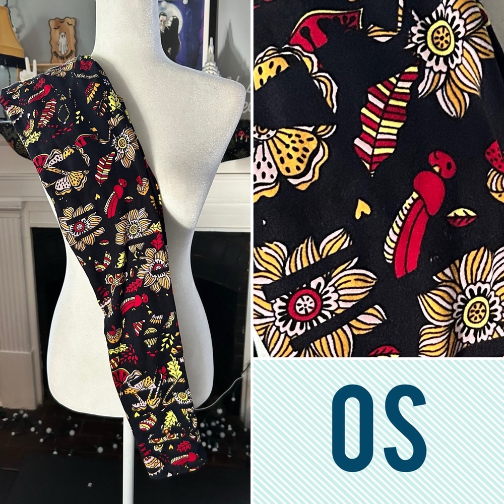 LulaRoe LLR one size leggings • feathers + flowers • black w/fall colors • NWOT